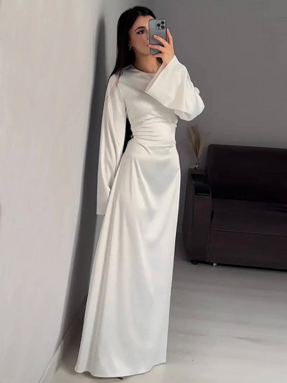 Elegant Satin Maxi Dress with Adjustable Back Lacing and Empire Waist