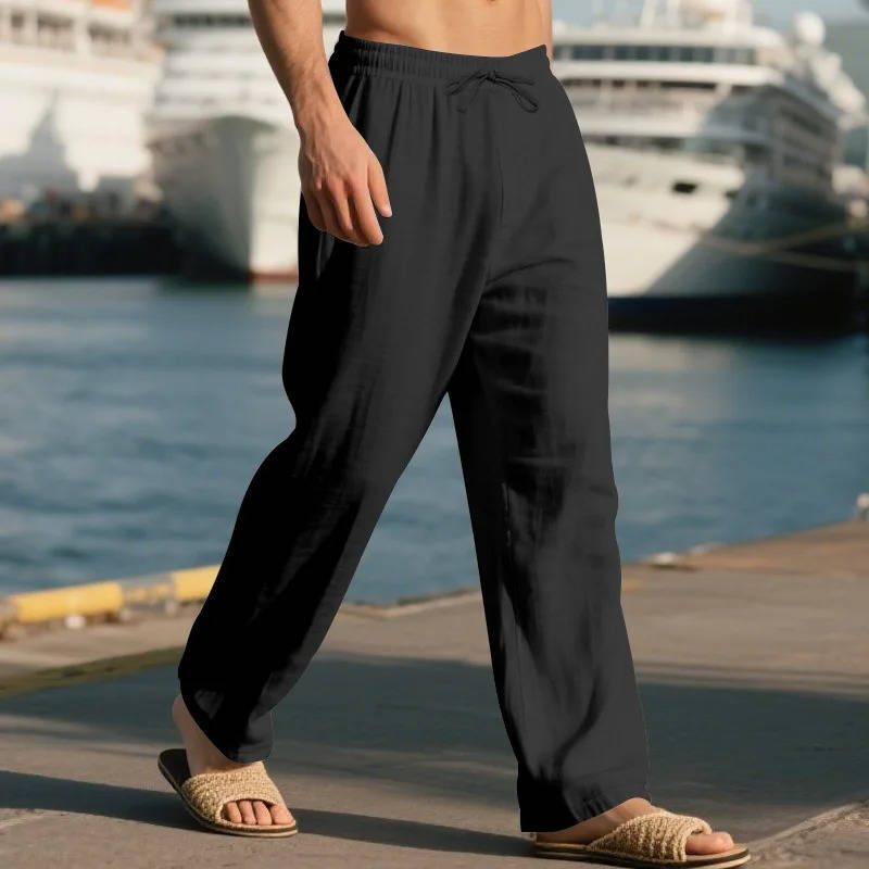 Linen Straight Leg Pants for Men with Elastic Drawstring Waist and Deep Pockets, Machine Washable