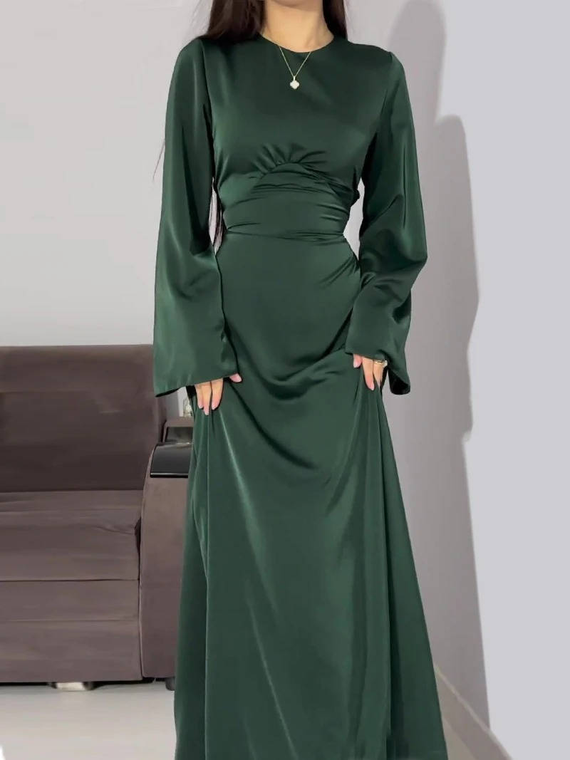 Elegant Satin Maxi Dress with Adjustable Back Lacing and Empire Waist