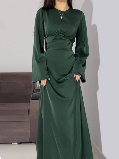 Elegant Satin Maxi Dress with Adjustable Back Lacing and Empire Waist