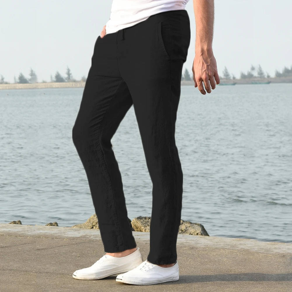 Cotton Linen Blend Pants with Elastic Waistband and Stretch Recovery, Machine Washable
