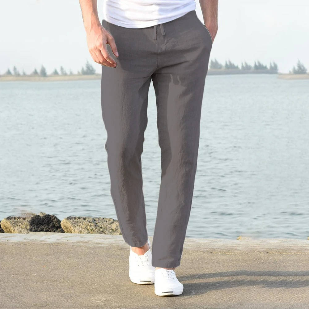 Cotton Linen Blend Pants with Elastic Waistband and Stretch Recovery, Machine Washable