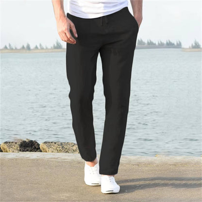 Cotton Linen Blend Pants with Elastic Waistband and Stretch Recovery, Machine Washable