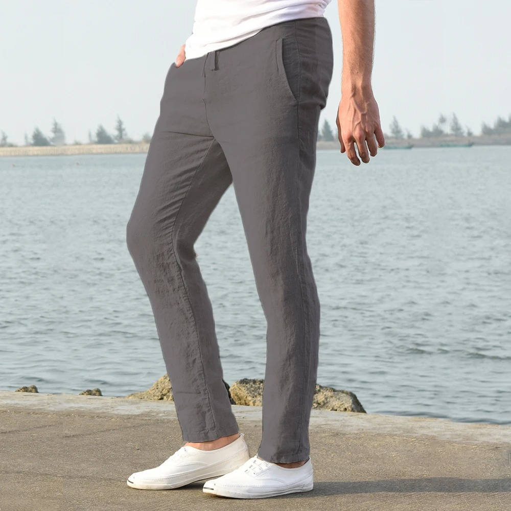 Cotton Linen Blend Pants with Elastic Waistband and Stretch Recovery, Machine Washable
