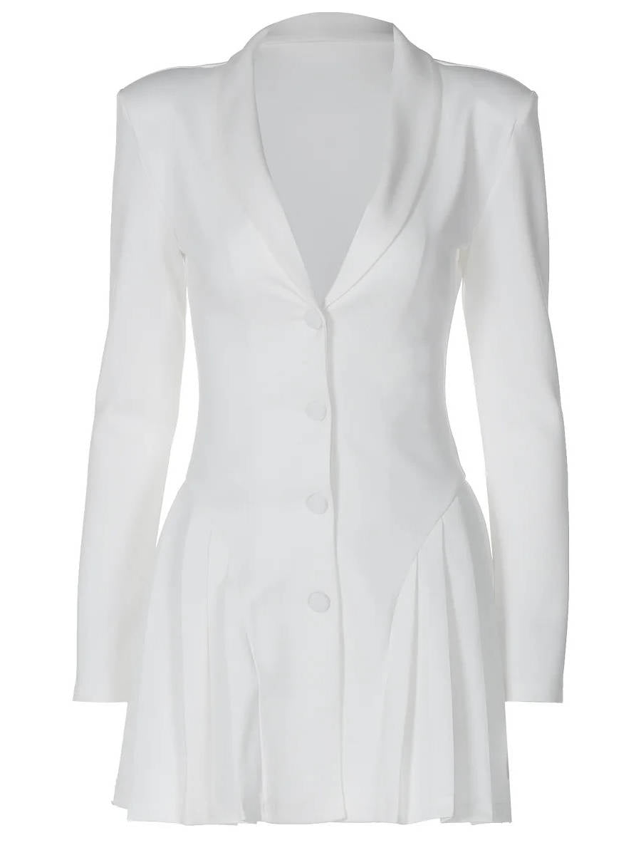 Fitted Blazer Dress with Deep V Lapel Collar and Pleated Mini Hem