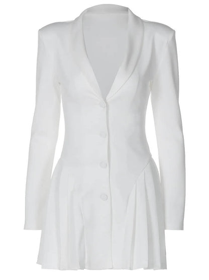 Fitted Blazer Dress with Deep V Lapel Collar and Pleated Mini Hem