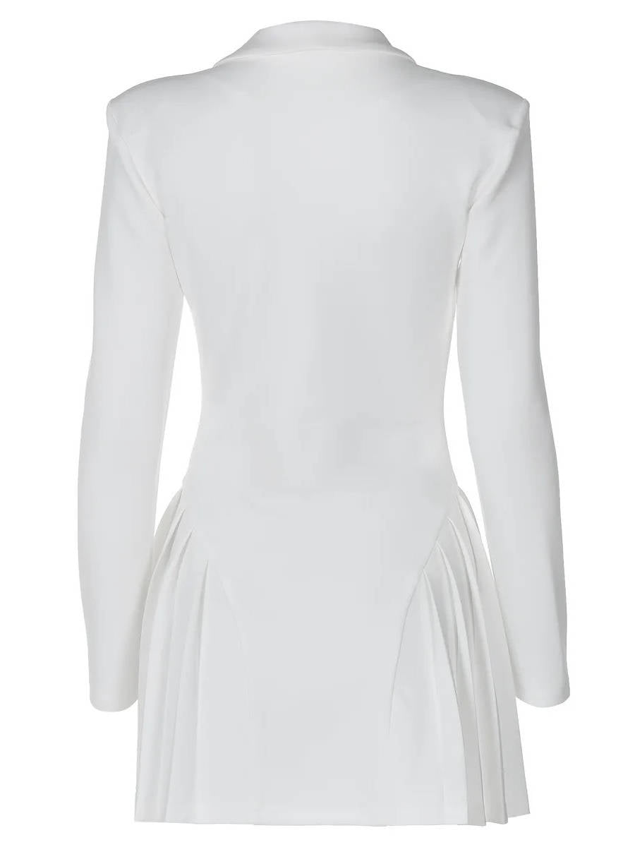 Fitted Blazer Dress with Deep V Lapel Collar and Pleated Mini Hem