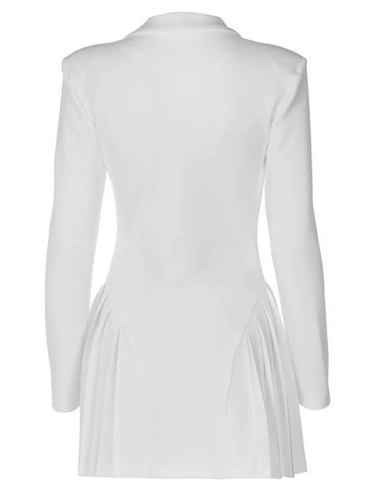 Fitted Blazer Dress with Deep V Lapel Collar and Pleated Mini Hem