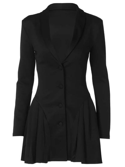 Fitted Blazer Dress with Deep V Lapel Collar and Pleated Mini Hem