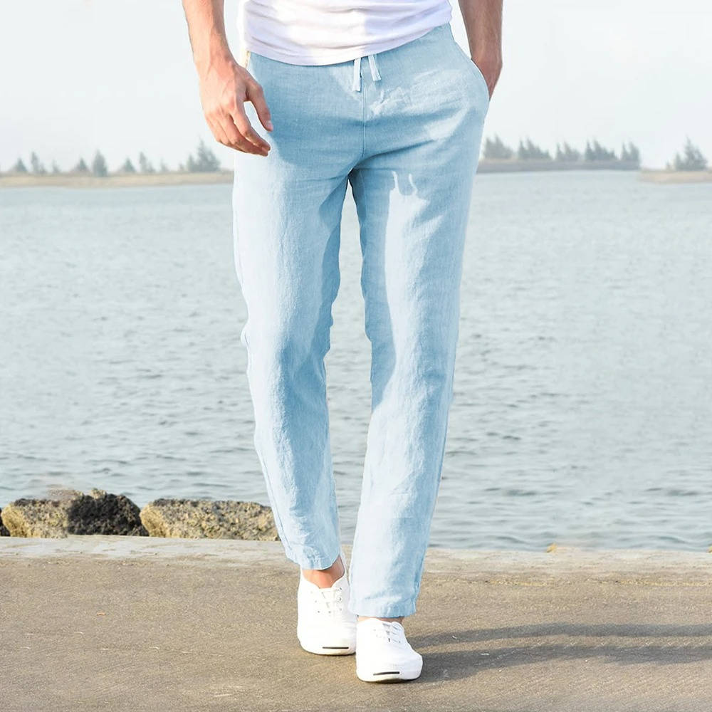 Cotton Linen Blend Pants with Elastic Waistband and Stretch Recovery, Machine Washable