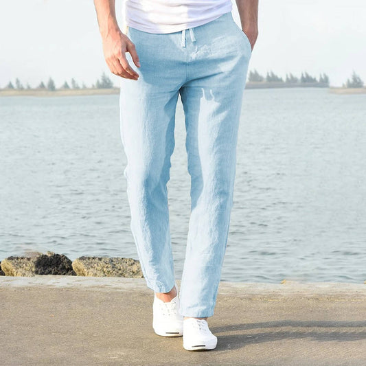 Cotton Linen Blend Pants with Elastic Waistband and Stretch Recovery, Machine Washable