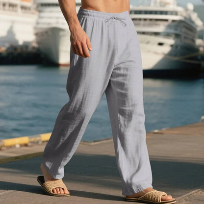 Linen Straight Leg Pants for Men with Elastic Drawstring Waist and Deep Pockets, Machine Washable