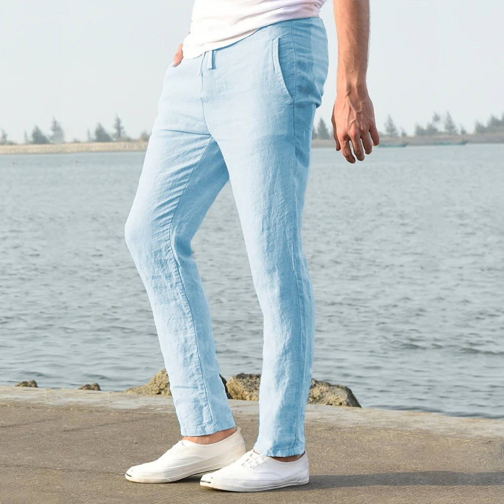 Cotton Linen Blend Pants with Elastic Waistband and Stretch Recovery, Machine Washable