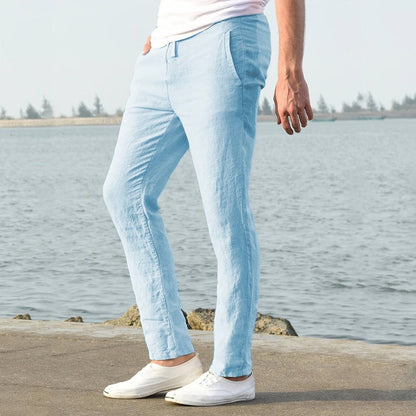 Cotton Linen Blend Pants with Elastic Waistband and Stretch Recovery, Machine Washable