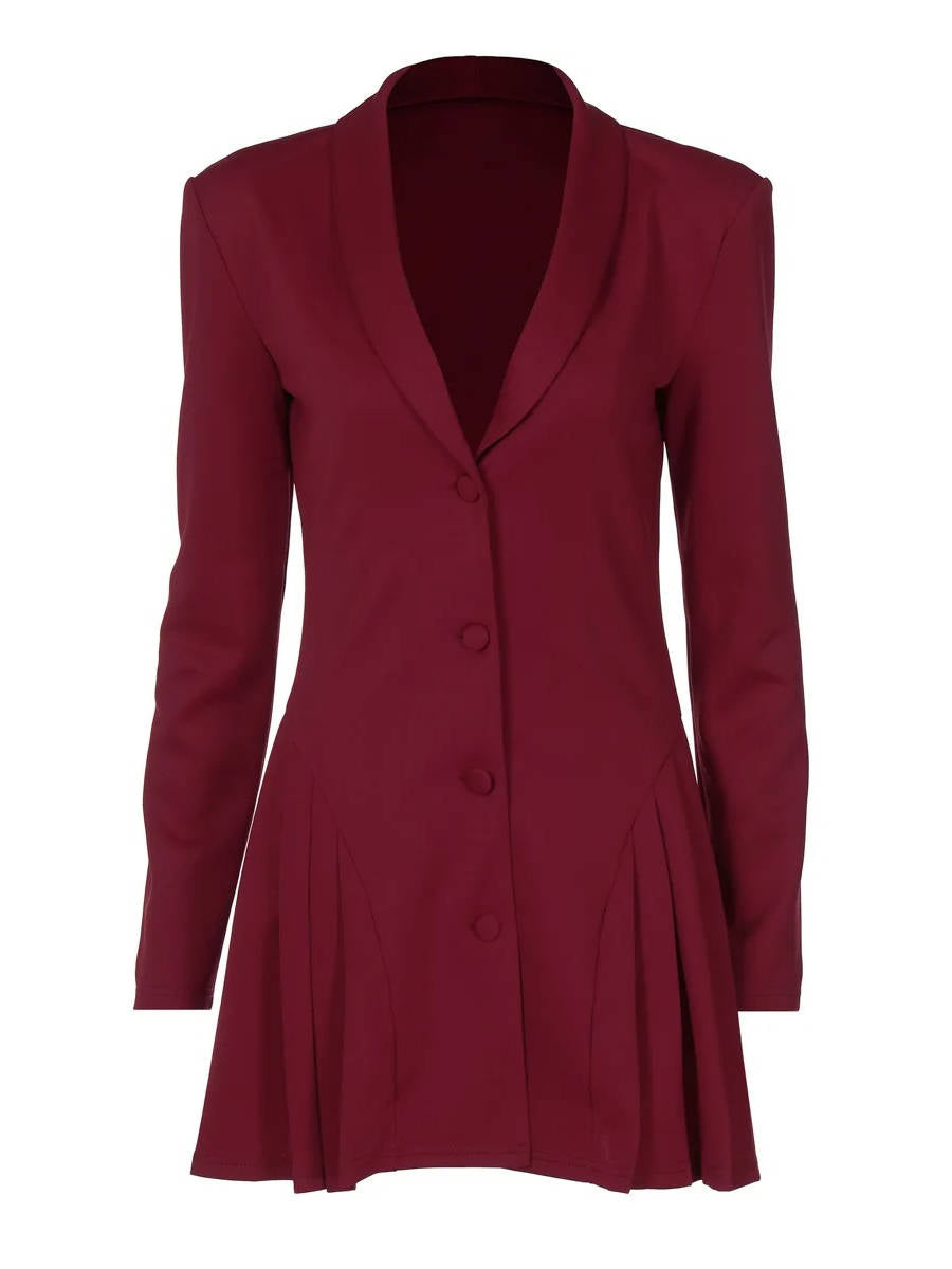 Fitted Blazer Dress with Deep V Lapel Collar and Pleated Mini Hem