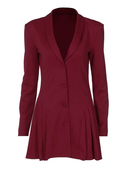 Fitted Blazer Dress with Deep V Lapel Collar and Pleated Mini Hem