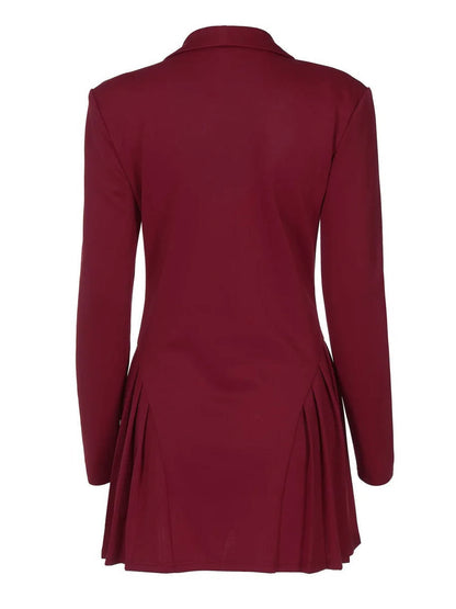 Fitted Blazer Dress with Deep V Lapel Collar and Pleated Mini Hem