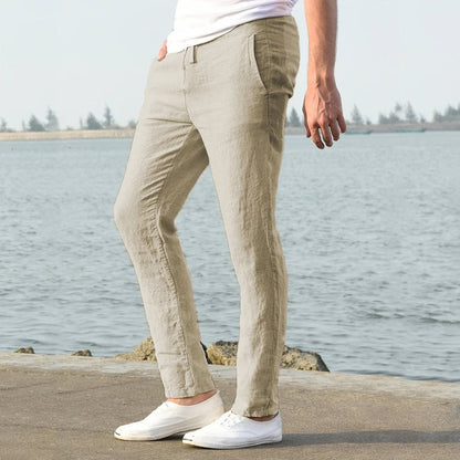 Cotton Linen Blend Pants with Elastic Waistband and Stretch Recovery, Machine Washable