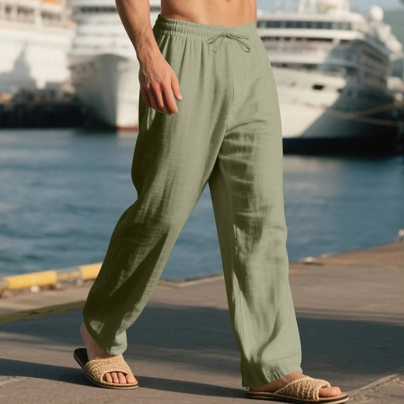 Linen Straight Leg Pants for Men with Elastic Drawstring Waist and Deep Pockets, Machine Washable