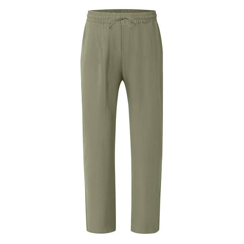Linen Straight Leg Pants for Men with Elastic Drawstring Waist and Deep Pockets, Machine Washable