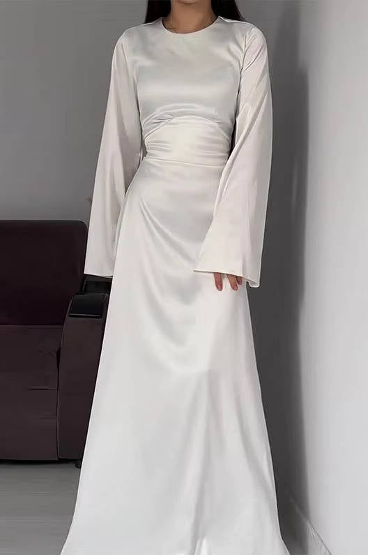 Elegant Satin Maxi Dress with Adjustable Back Lacing and Empire Waist