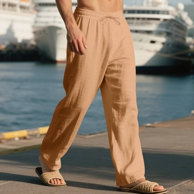 Linen Straight Leg Pants for Men with Elastic Drawstring Waist and Deep Pockets, Machine Washable