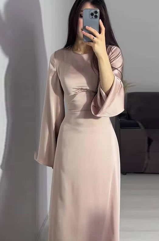 Elegant Satin Maxi Dress with Adjustable Back Lacing and Empire Waist