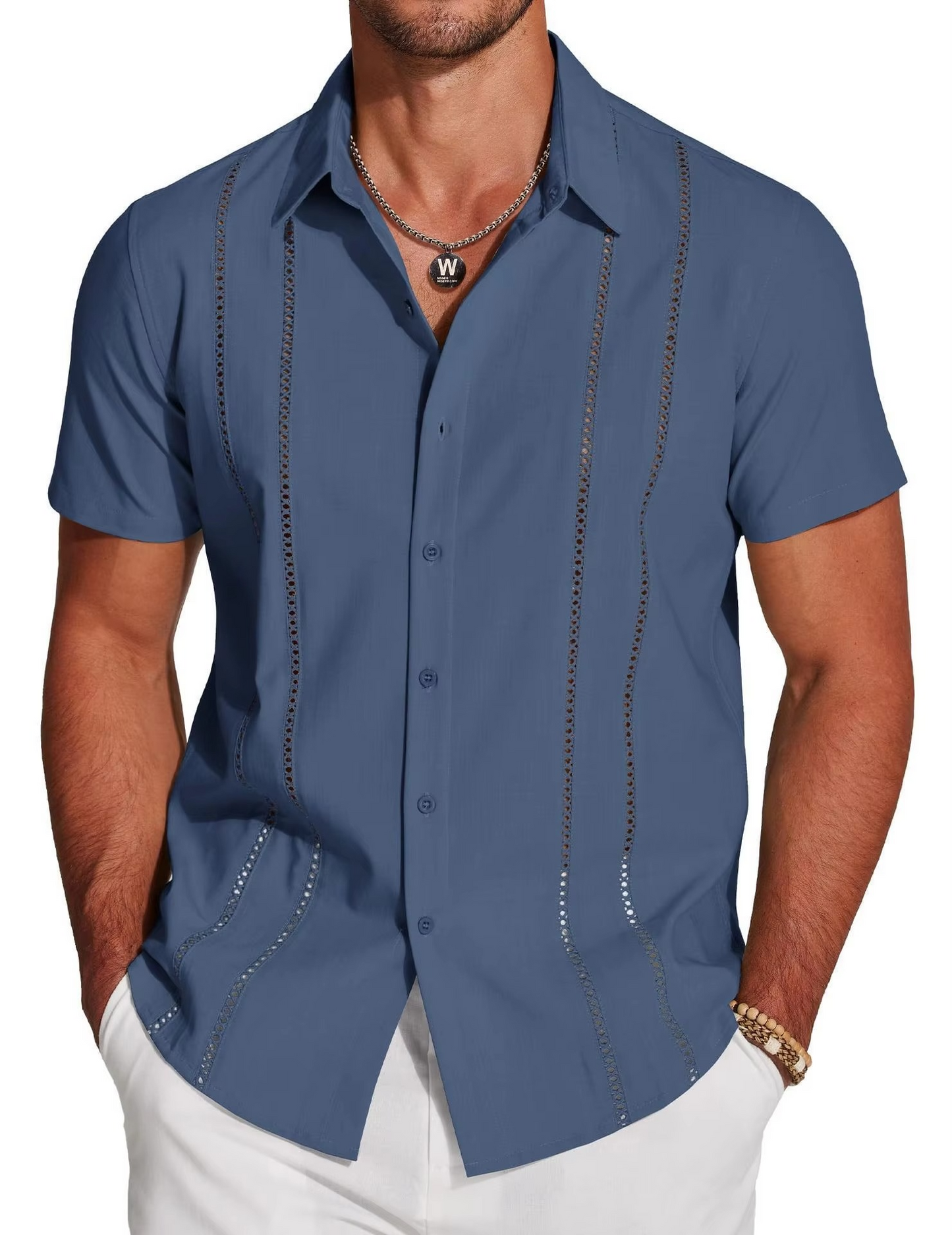 Men's Cuban Guayabera Shirt with Cutout Embroidery and Vertical Pleats, Short Sleeve Button Down