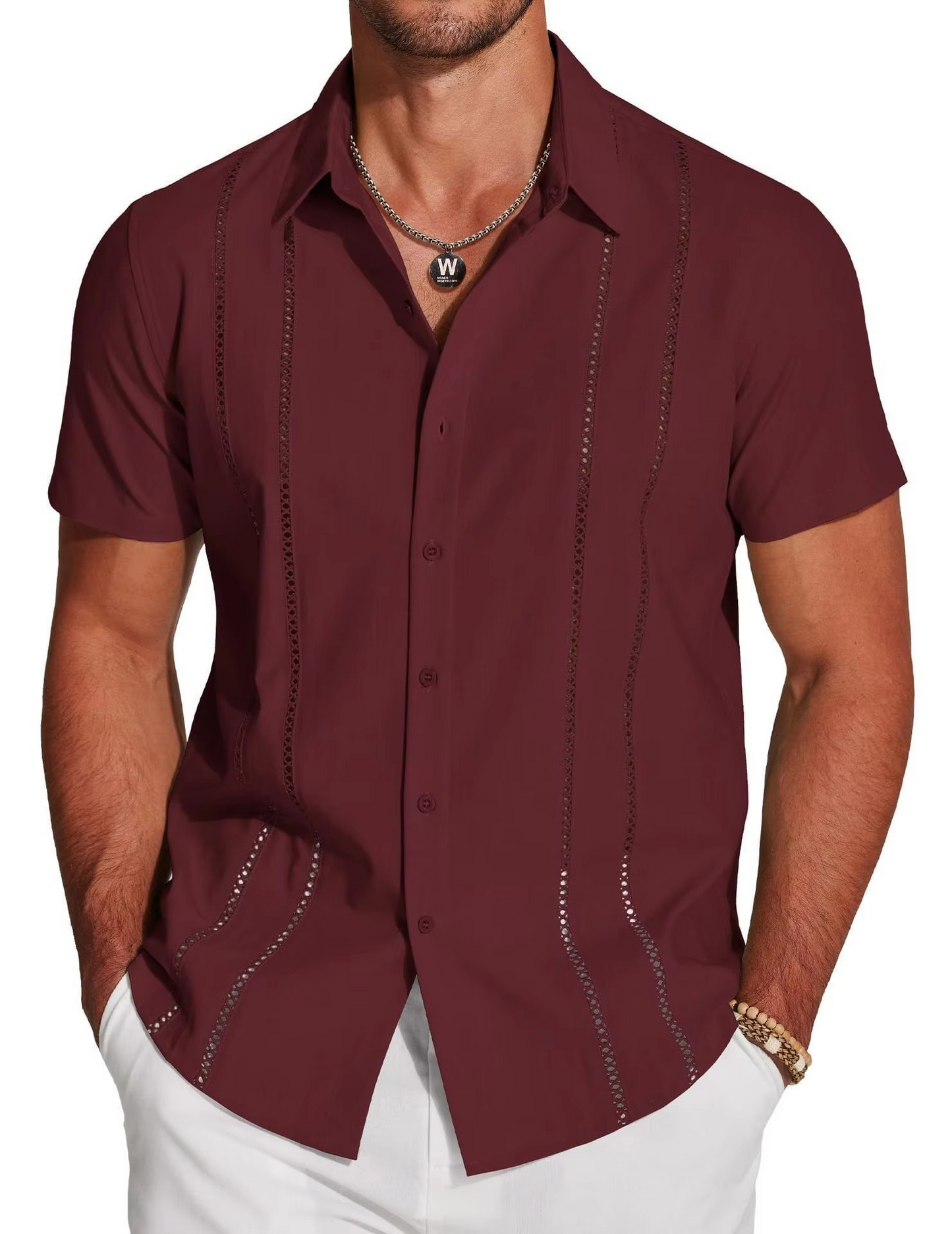 Men's Cuban Guayabera Shirt with Cutout Embroidery and Vertical Pleats, Short Sleeve Button Down