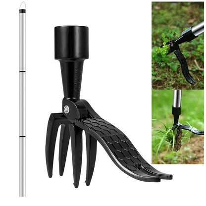 Bamboo Handle Weed Puller with Four Steel Claws and Foot Pedal, Standing Height