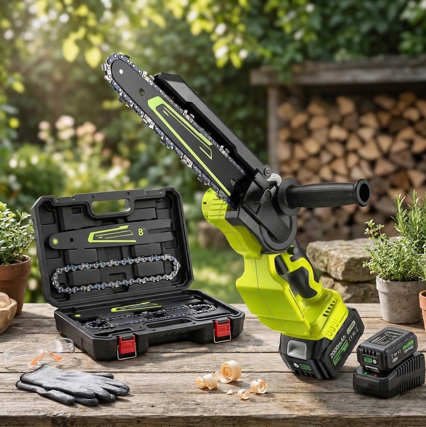 Cordless Mini Chainsaw with Dual Guide Bars and Two Rechargeable Batteries, 1000W Brushless Motor