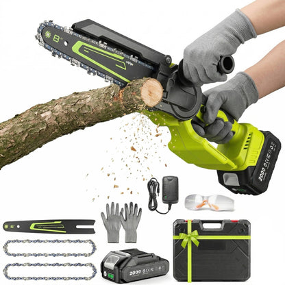 Cordless Mini Chainsaw with Dual Guide Bars and Two Rechargeable Batteries, 1000W Brushless Motor