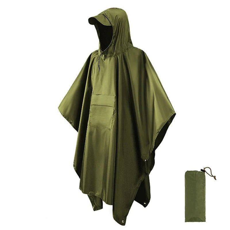 Poncho Jacket with Adjustable Hood and Side Snap Closures, Packable Design