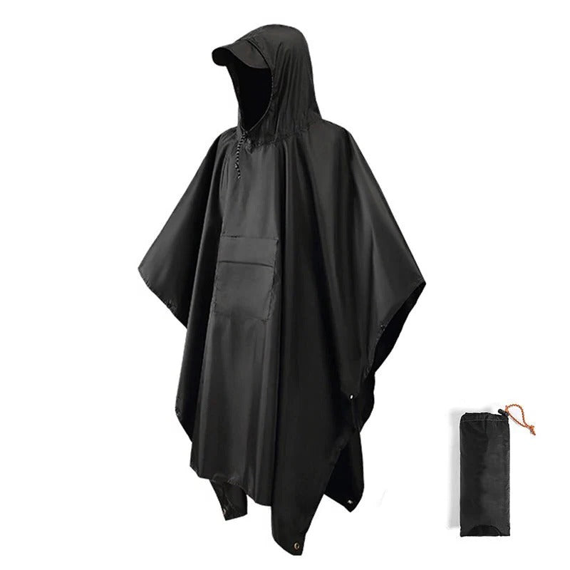 Poncho Jacket with Adjustable Hood and Side Snap Closures, Packable Design