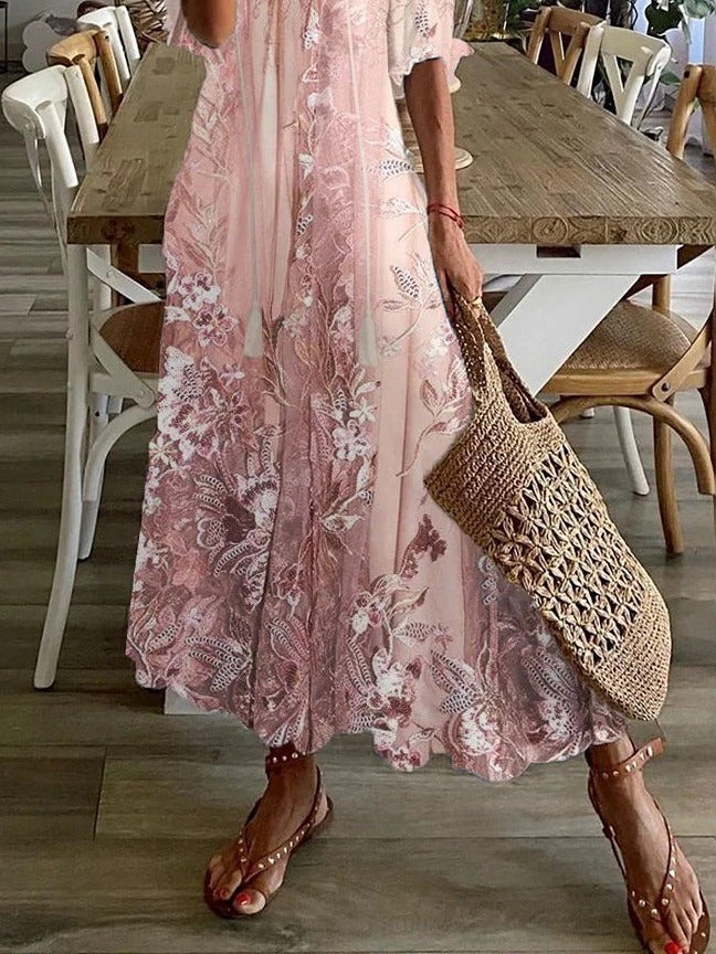Loose Relaxed Fit Floral Lace Maxi Dress with Half Sleeve Coverage