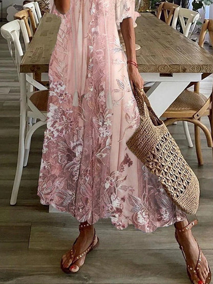 Loose Relaxed Fit Floral Lace Maxi Dress with Half Sleeve Coverage