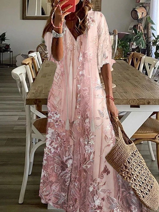 Loose Relaxed Fit Floral Lace Maxi Dress with Half Sleeve Coverage