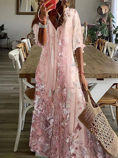 Loose Relaxed Fit Floral Lace Maxi Dress with Half Sleeve Coverage