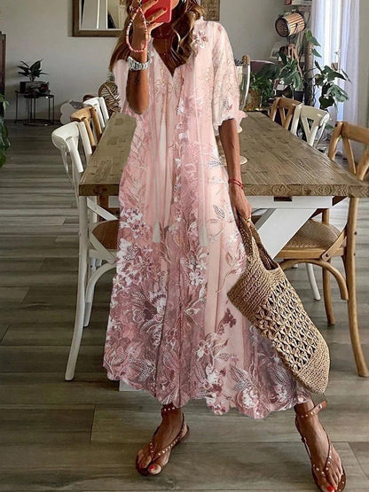 Loose Relaxed Fit Floral Lace Maxi Dress with Half Sleeve Coverage