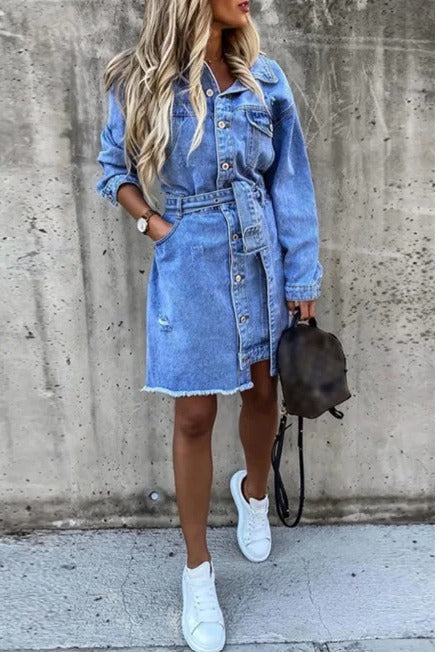Button Down Midi Dress with Stretch Fit and Defined Waist, Front Slit