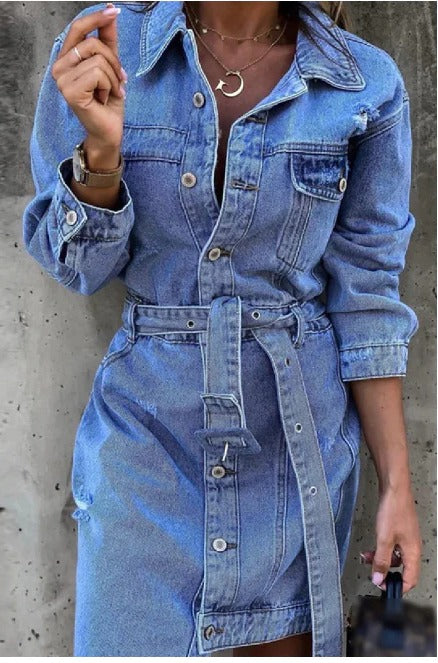 Button Down Midi Dress with Stretch Fit and Defined Waist, Front Slit