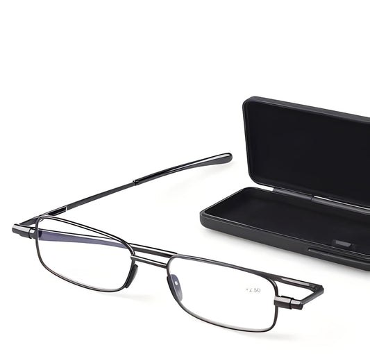Foldable Reading Glasses with Spring Loaded Hinge and Protective Case