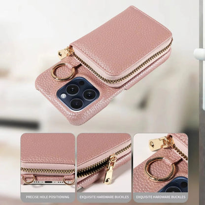 iPhone Leather Wallet Case with Zipper Closure and Detachable Lanyard, 4 Card Slots