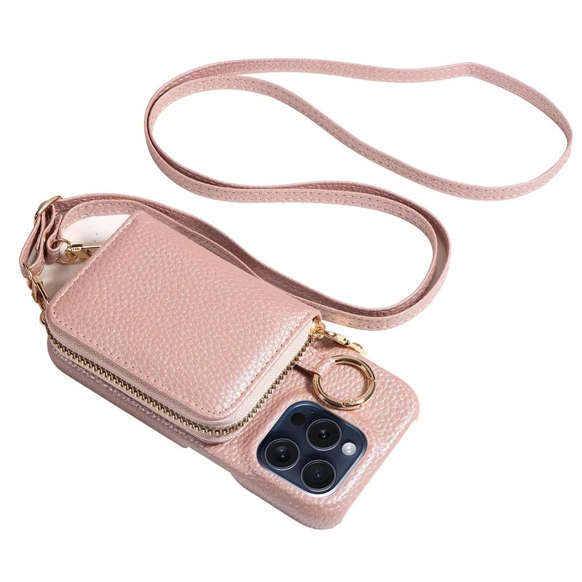iPhone Leather Wallet Case with Zipper Closure and Detachable Lanyard, 4 Card Slots