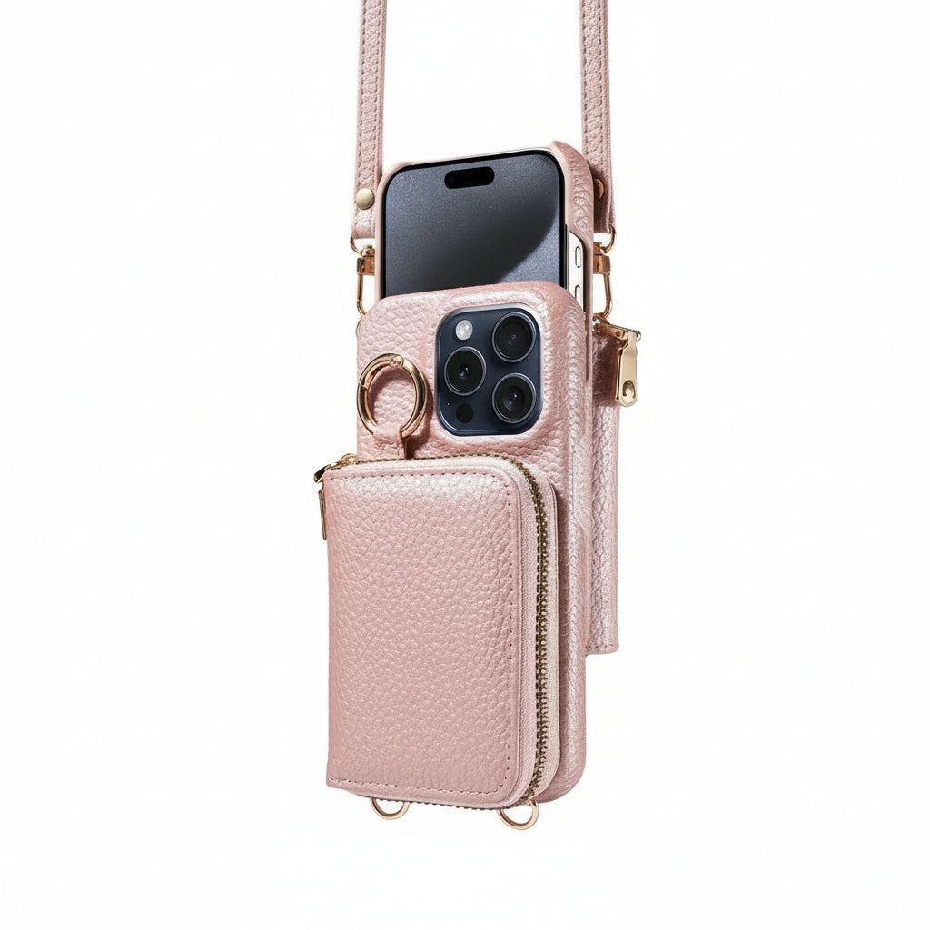 iPhone Leather Wallet Case with Zipper Closure and Detachable Lanyard, 4 Card Slots
