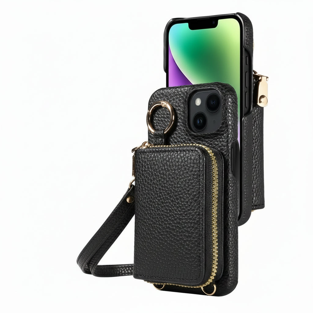 iPhone Leather Wallet Case with Zipper Closure and Detachable Lanyard, 4 Card Slots