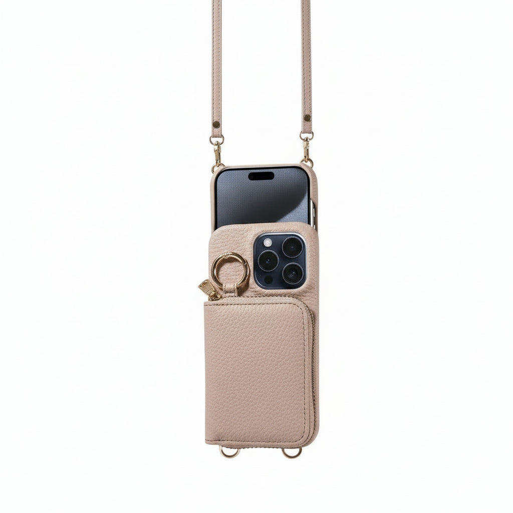 iPhone Leather Wallet Case with Zipper Closure and Detachable Lanyard, 4 Card Slots
