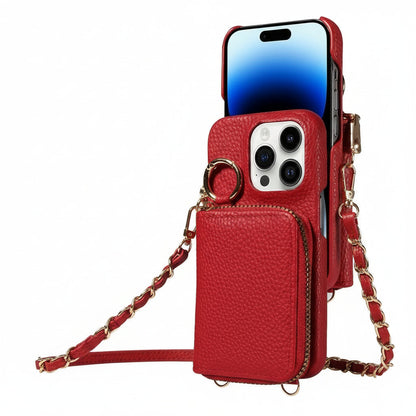 iPhone Leather Wallet Case with Zipper Closure and Detachable Lanyard, 4 Card Slots
