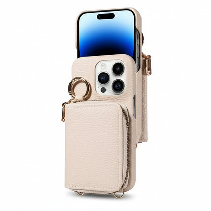 iPhone Leather Wallet Case with Zipper Closure and Detachable Lanyard, 4 Card Slots