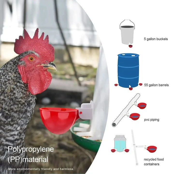 Self-Refilling Poultry Waterer Cups with Spring-Loaded Valve and Dual Seal Rings, Pack of 10